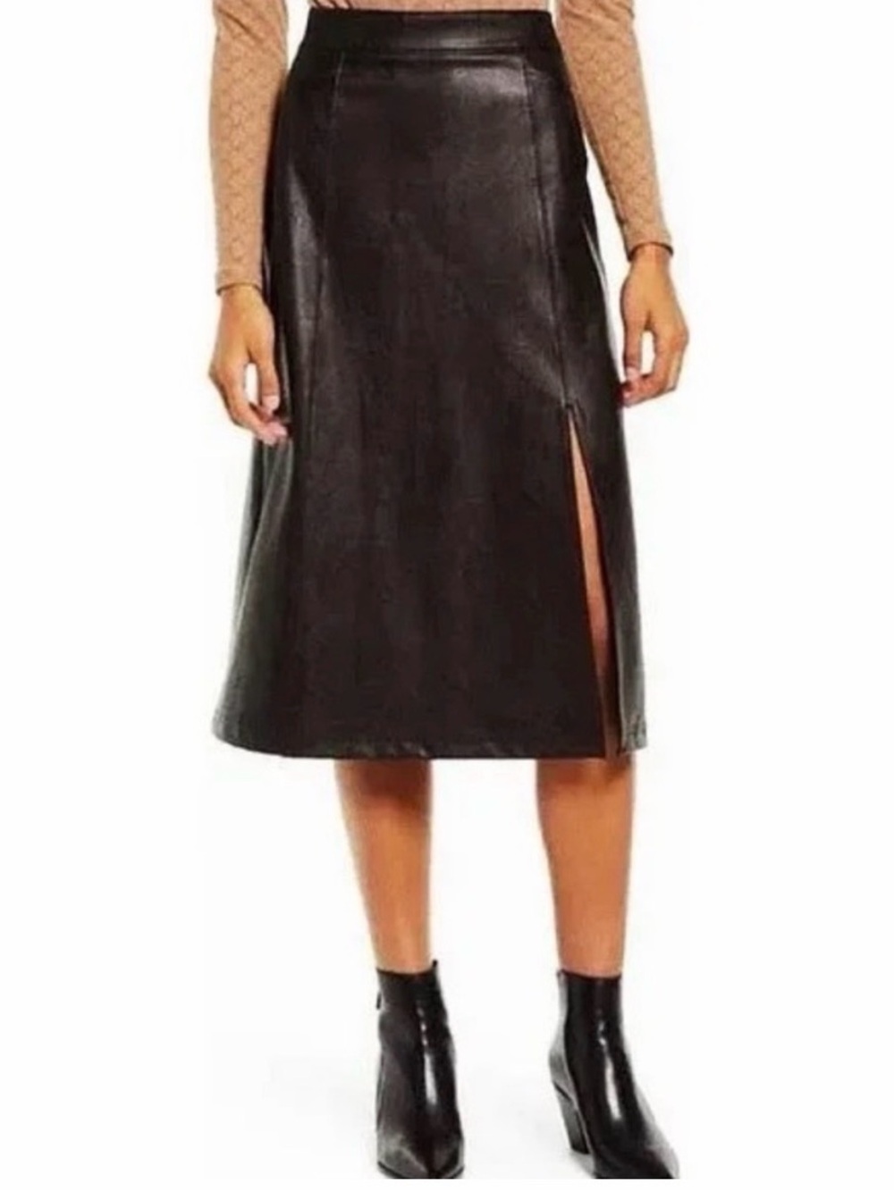 SPANX Black Faux Leather Midi Pencil Skirt with Side Slit